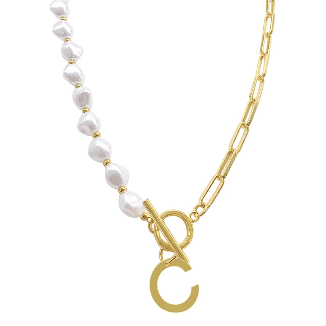 Gold Pearl and Paperclip Chain Initial Toggle Necklace - Personalized Jewelry