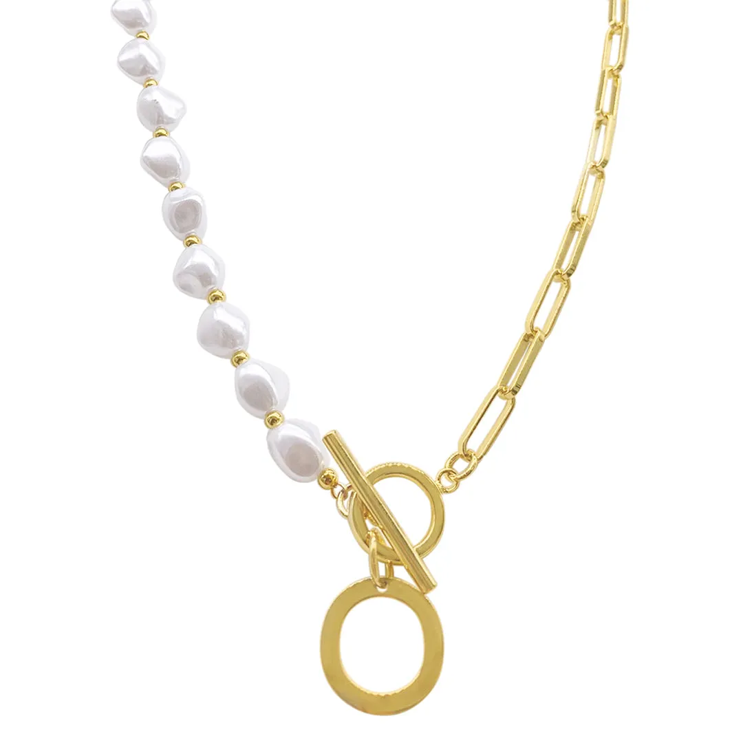 Gold Pearl and Paperclip Chain Initial Toggle Necklace - Personalized Jewelry