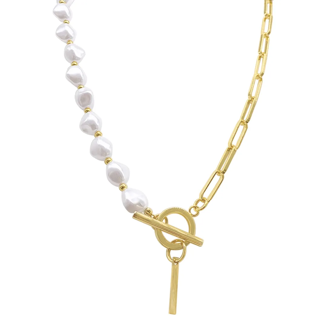 Gold Pearl and Paperclip Chain Initial Toggle Necklace - Personalized Jewelry