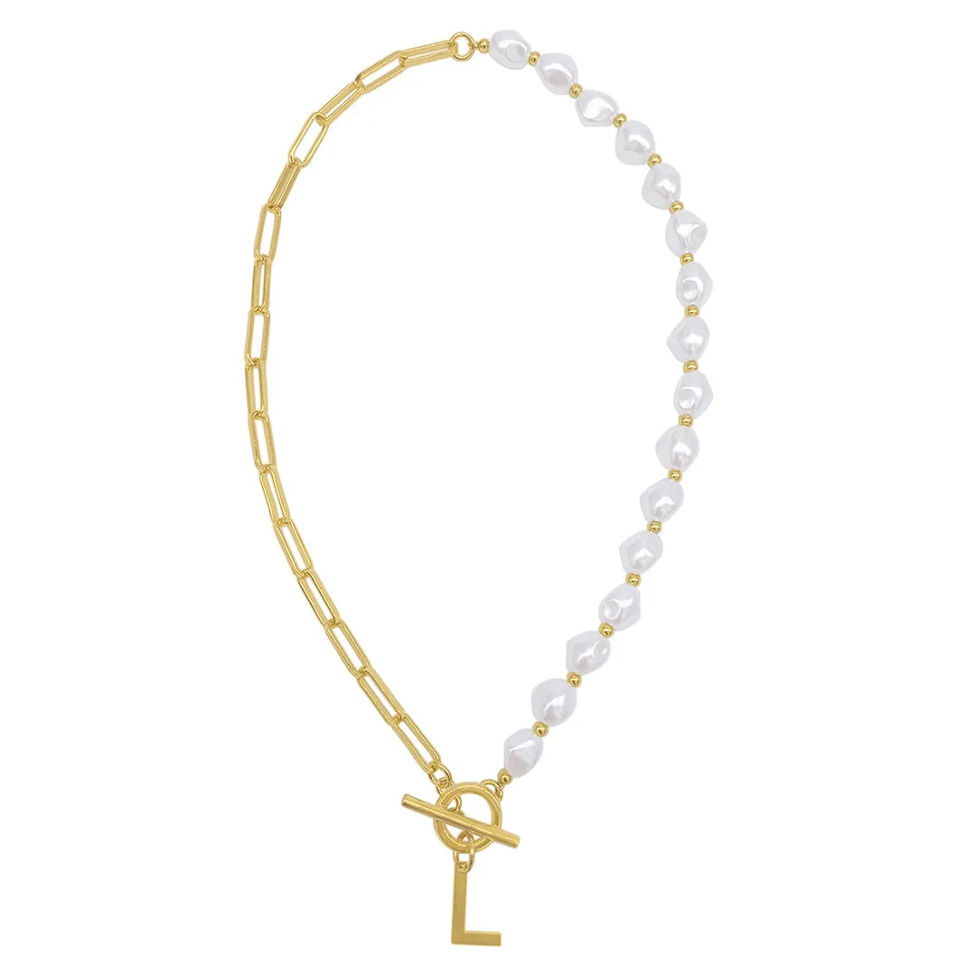 Gold Pearl and Paperclip Chain Initial Toggle Necklace - Personalized Jewelry