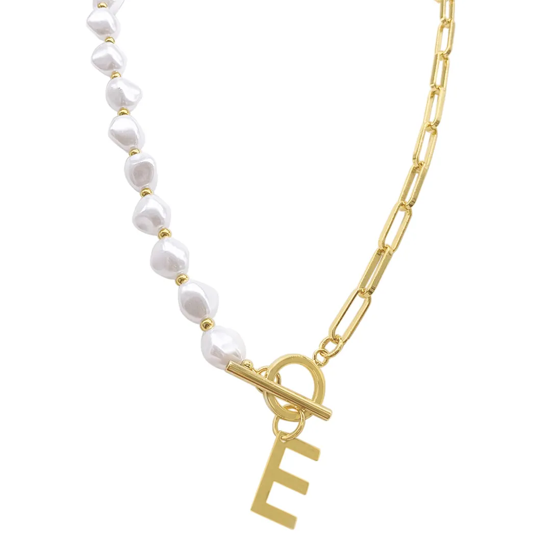 Gold Pearl and Paperclip Chain Initial Toggle Necklace - Personalized Jewelry