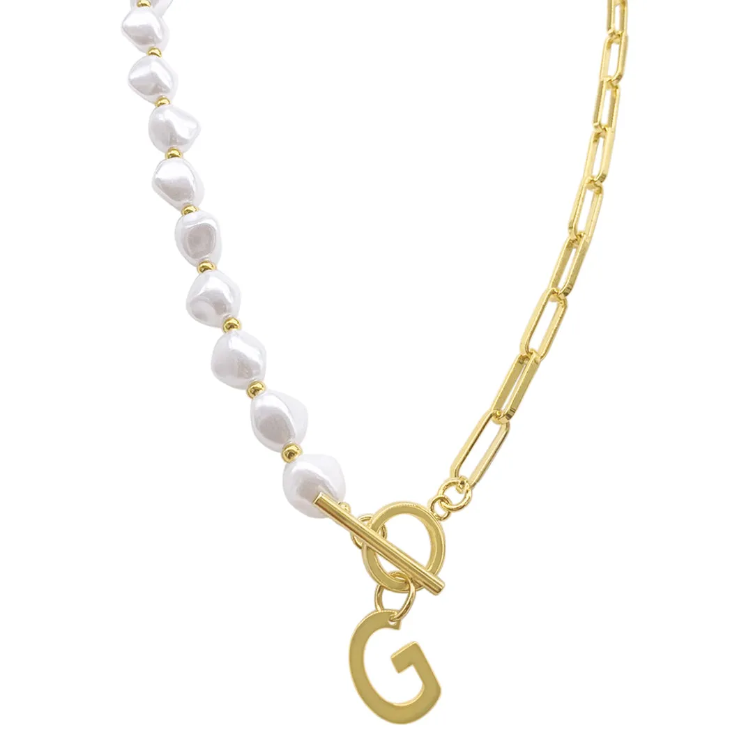 Gold Pearl and Paperclip Chain Initial Toggle Necklace - Personalized Jewelry