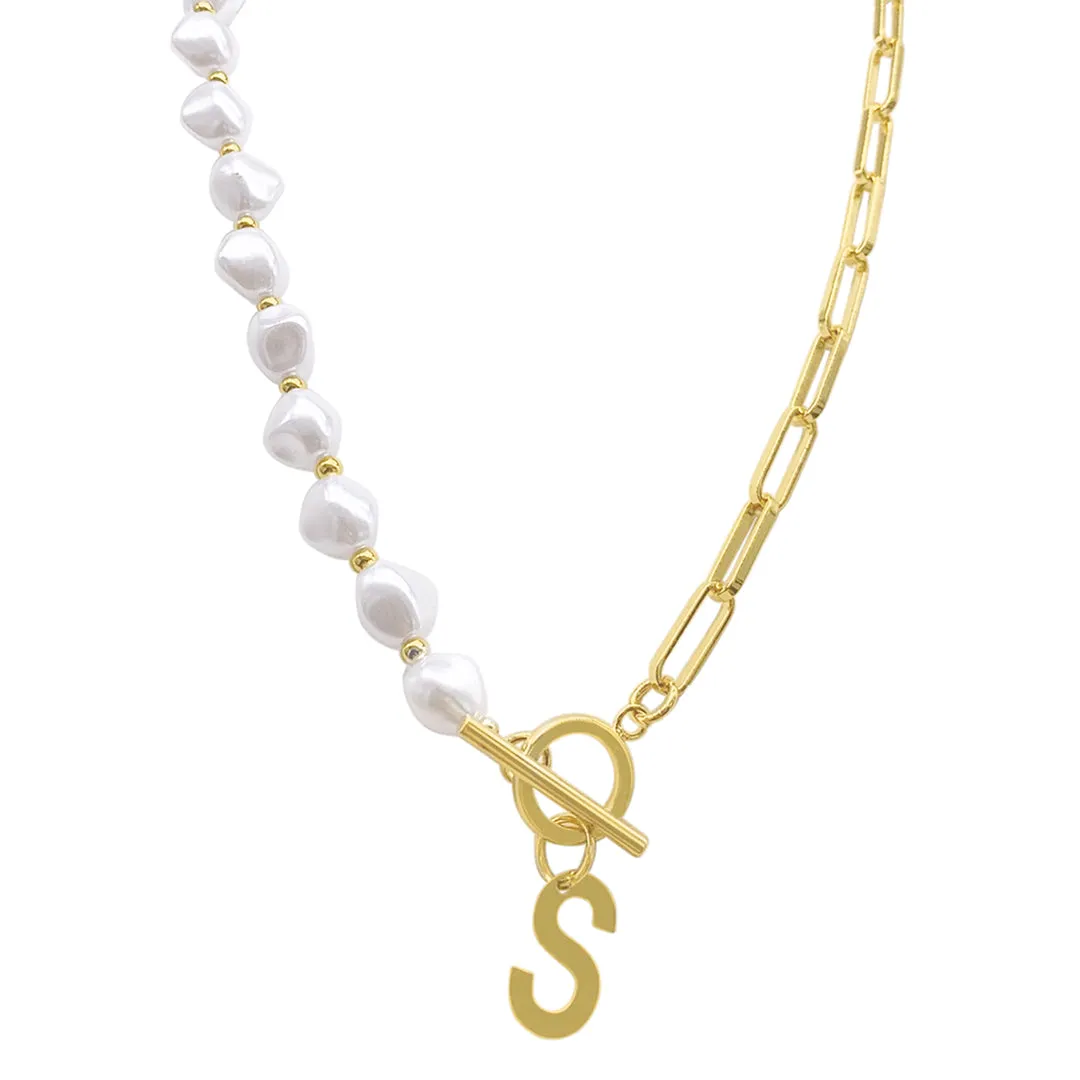 Gold Pearl and Paperclip Chain Initial Toggle Necklace - Personalized Jewelry