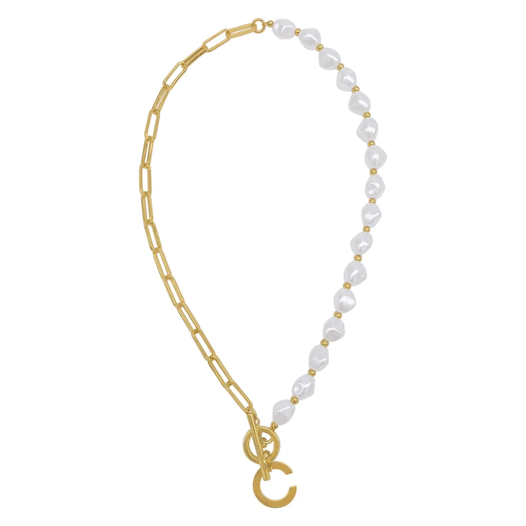 Gold Pearl and Paperclip Chain Initial Toggle Necklace - Personalized Jewelry