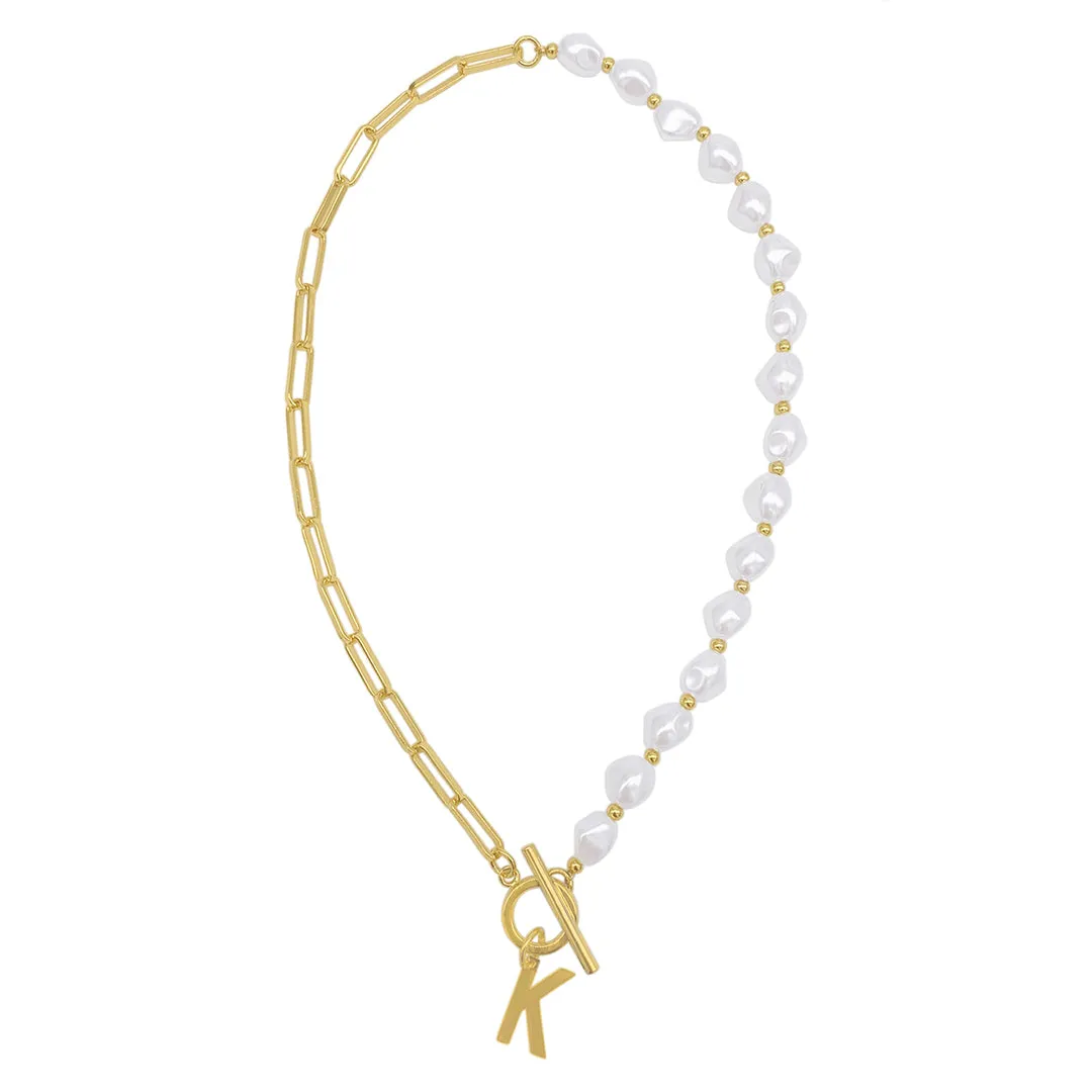 Gold Pearl and Paperclip Chain Initial Toggle Necklace - Personalized Jewelry