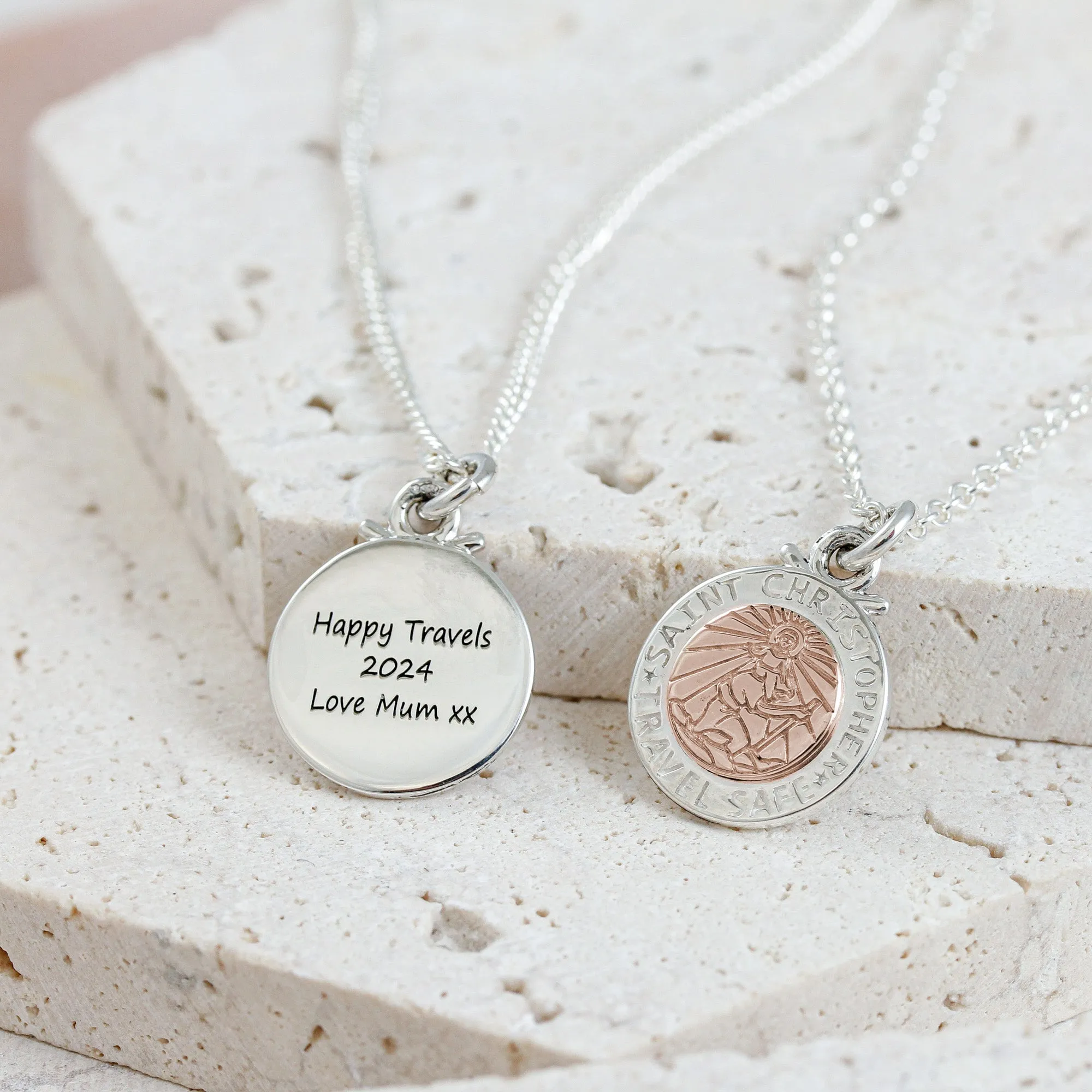 Personalised St Christopher Necklace - Silver & Rose Gold