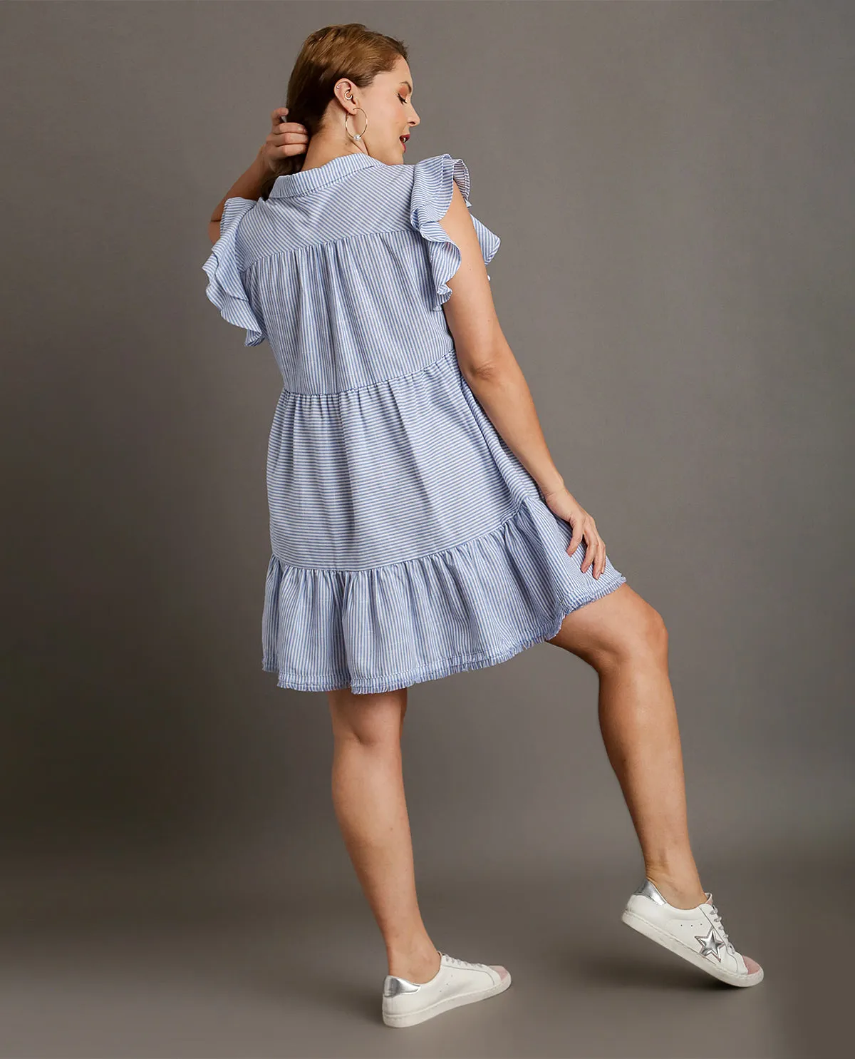 PLUS V-Neck Collared Dress with Ruffle Sleeve