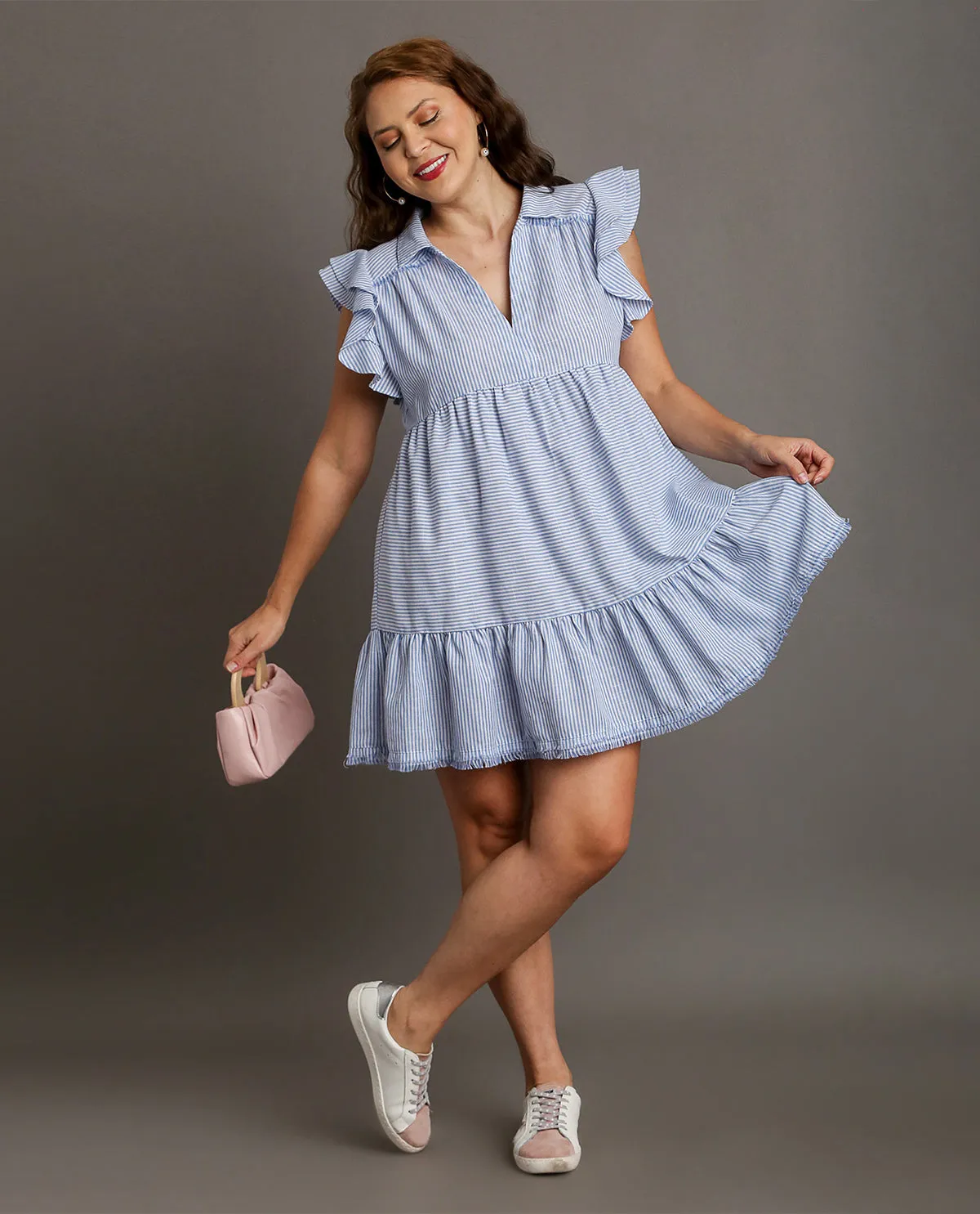 PLUS V-Neck Collared Dress with Ruffle Sleeve