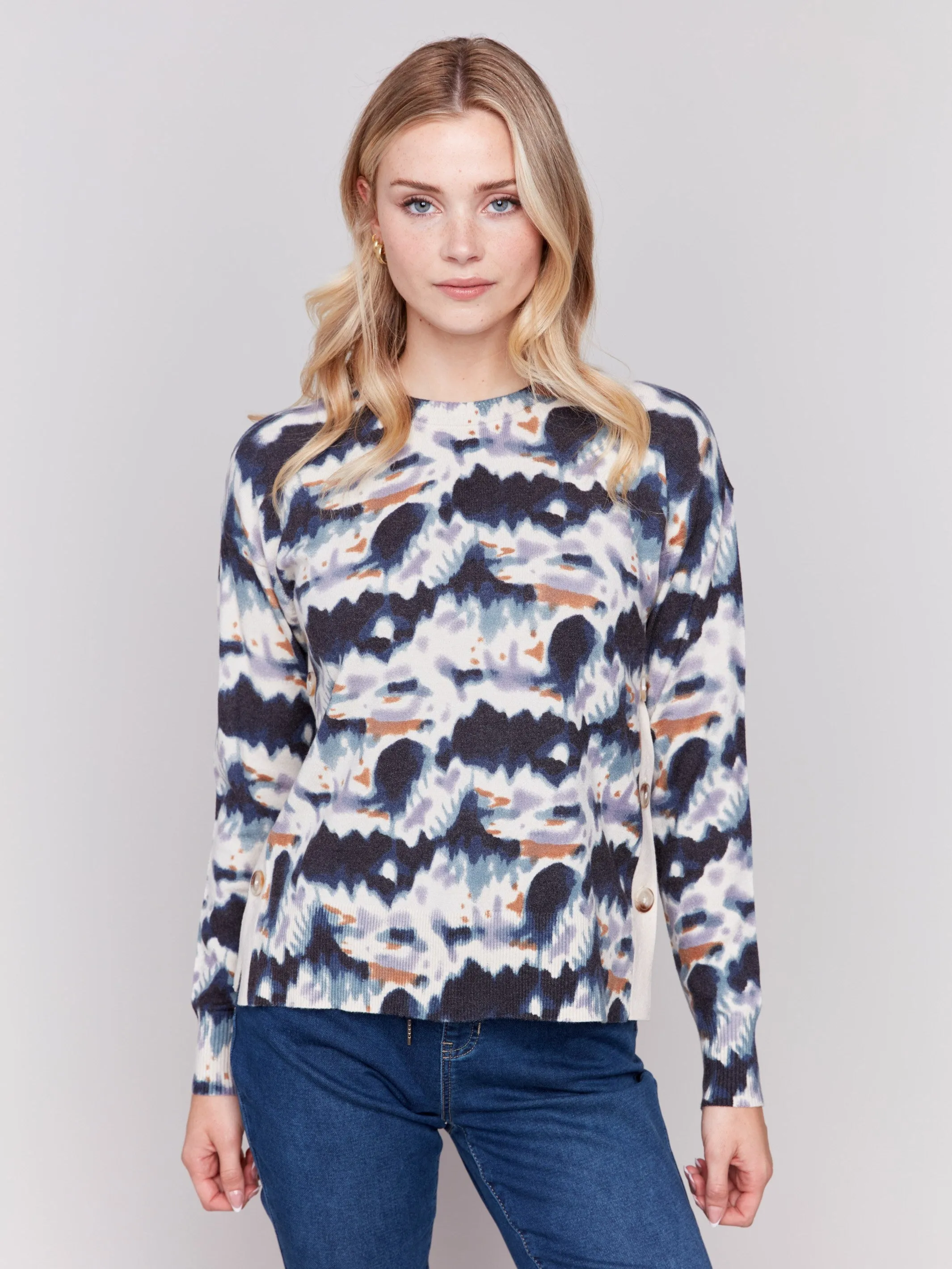 Here’s an optimized title for the e-commerce product:

Womens Tie-Dye Printed Sweater with Stylish Side Buttons - Trendy Casual Wear