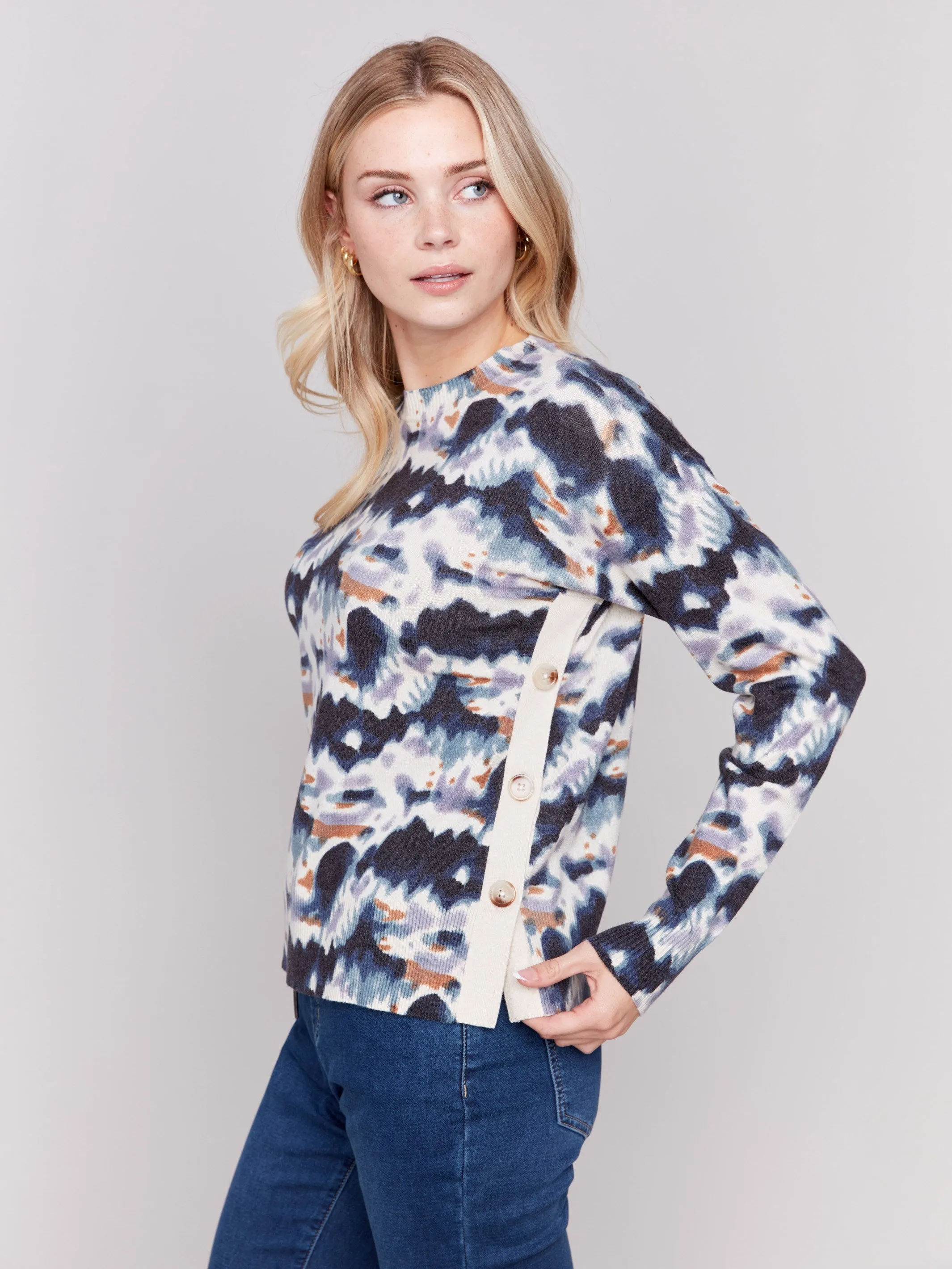 Here’s an optimized title for the e-commerce product:

Womens Tie-Dye Printed Sweater with Stylish Side Buttons - Trendy Casual Wear