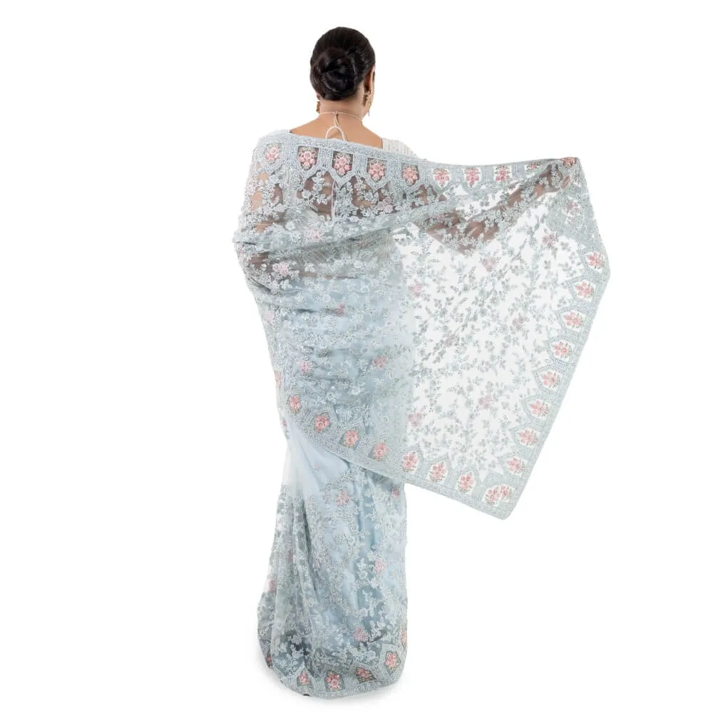 Pure net saree with heavy embroidery - Sky Blue