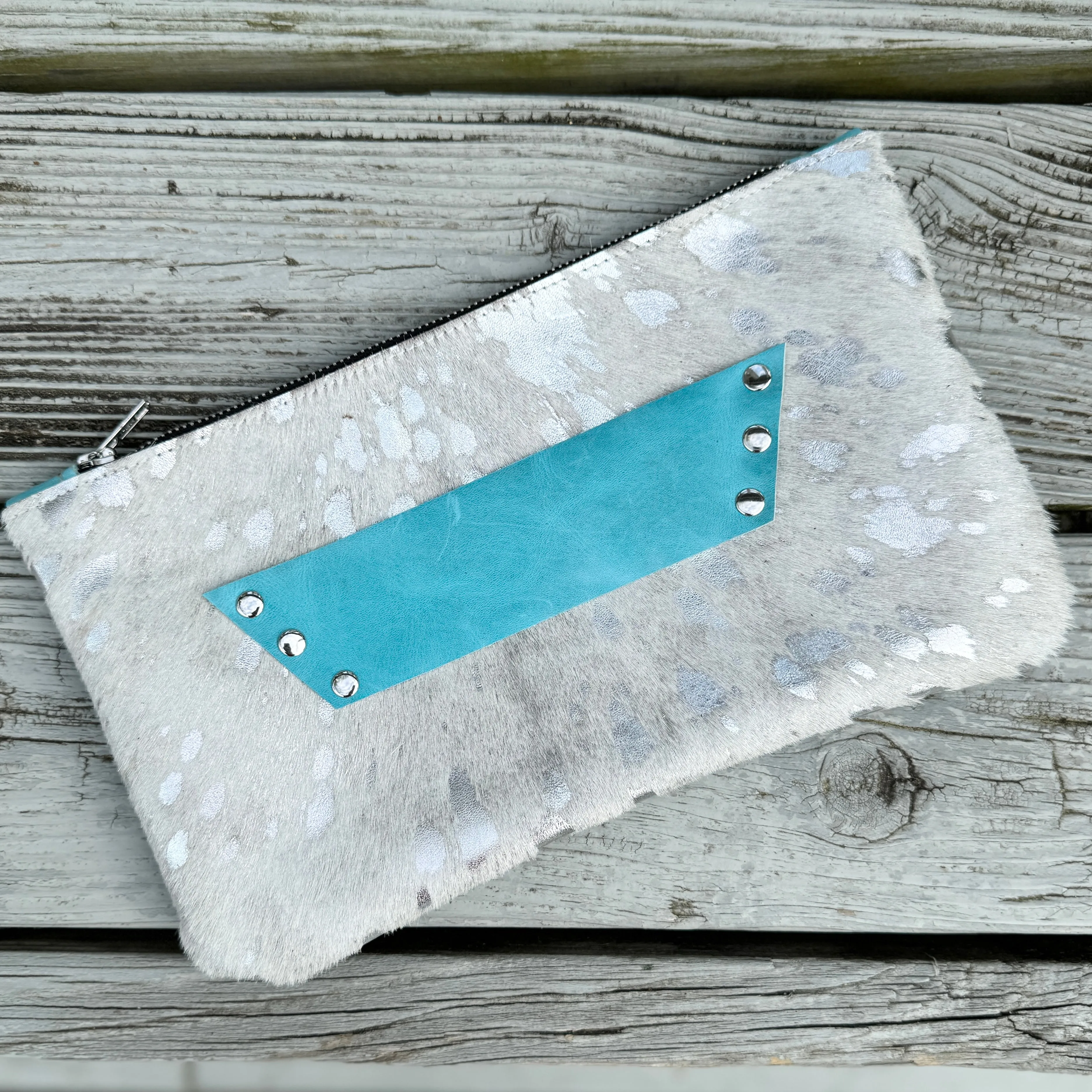 [raleigh leather] Clutch - Silver Acid Wash   Aqua