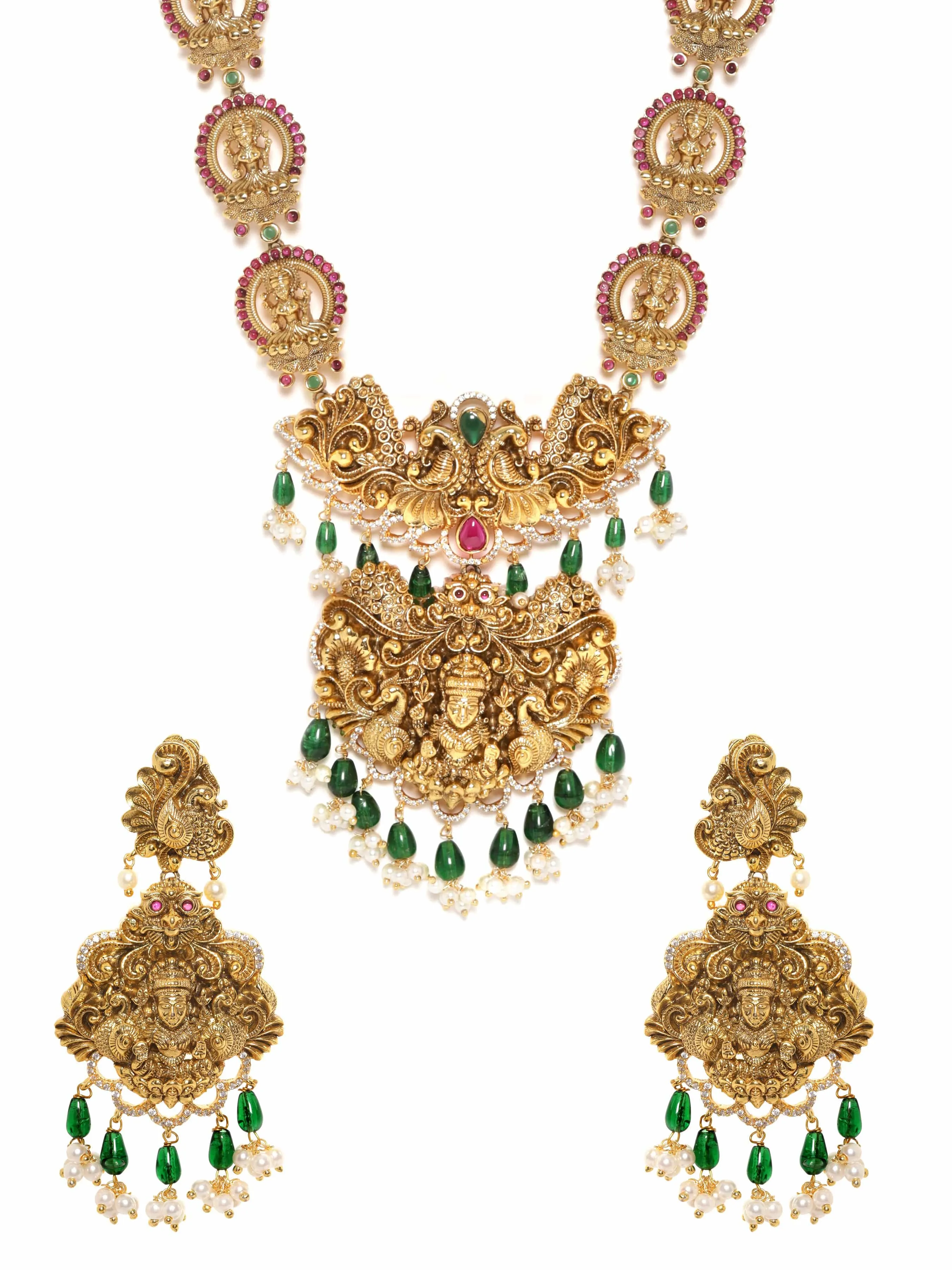 Rubans 22K Gold plated Kemp Red & Green Stone, Handcrafted Pearl beaded Temple Necklace Set