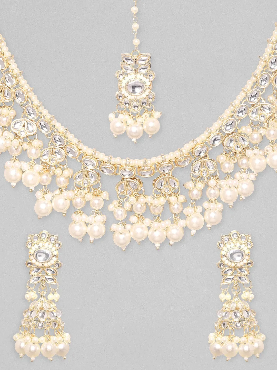 Rubans 24K Gold Plated Kundan Studded Pearl Beaded Jumkhas & Necklace Set