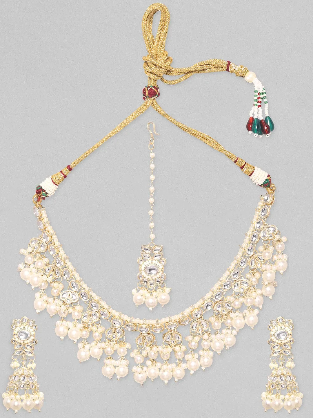 Rubans 24K Gold Plated Kundan Studded Pearl Beaded Jumkhas & Necklace Set