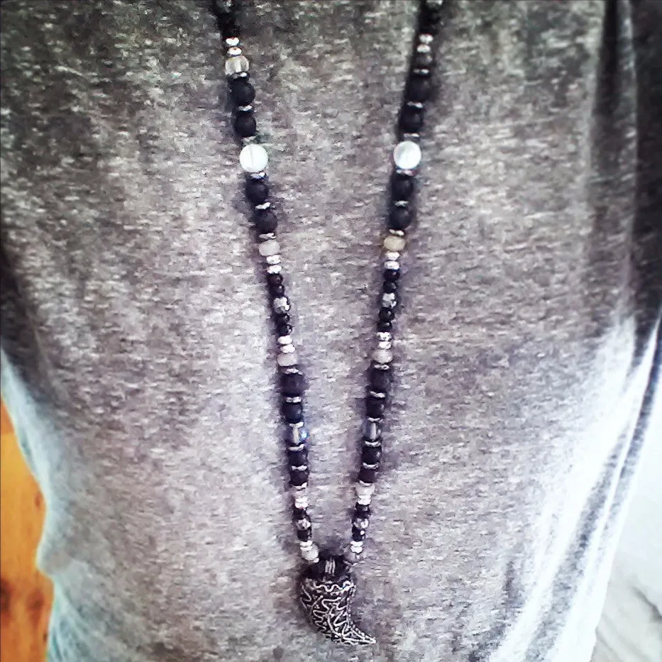 Silver Carved Horn Custom Black, White & Grey Beaded Necklace