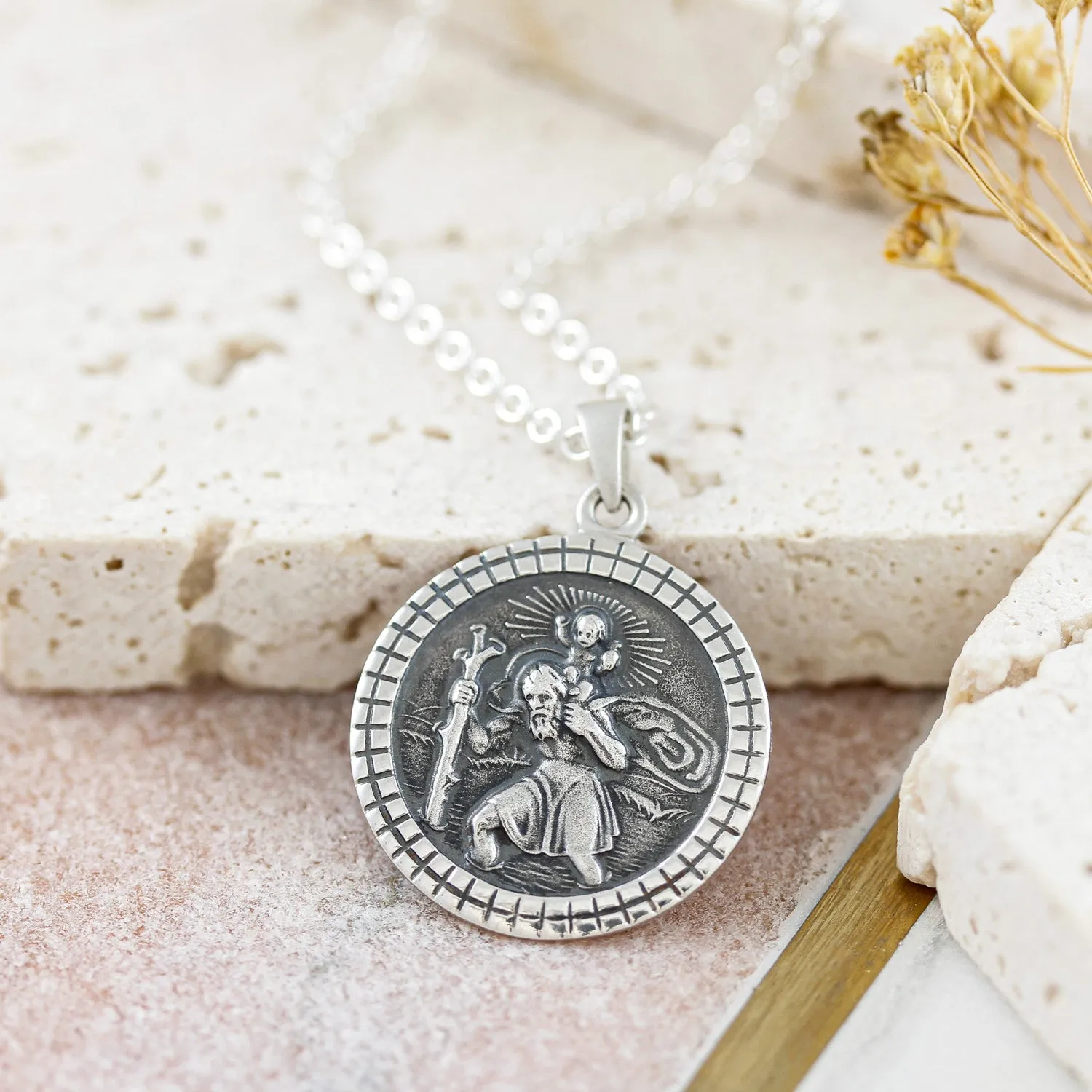 St Christopher Mosaic Border Personalised Silver Necklace (Cast Sterling Silver)