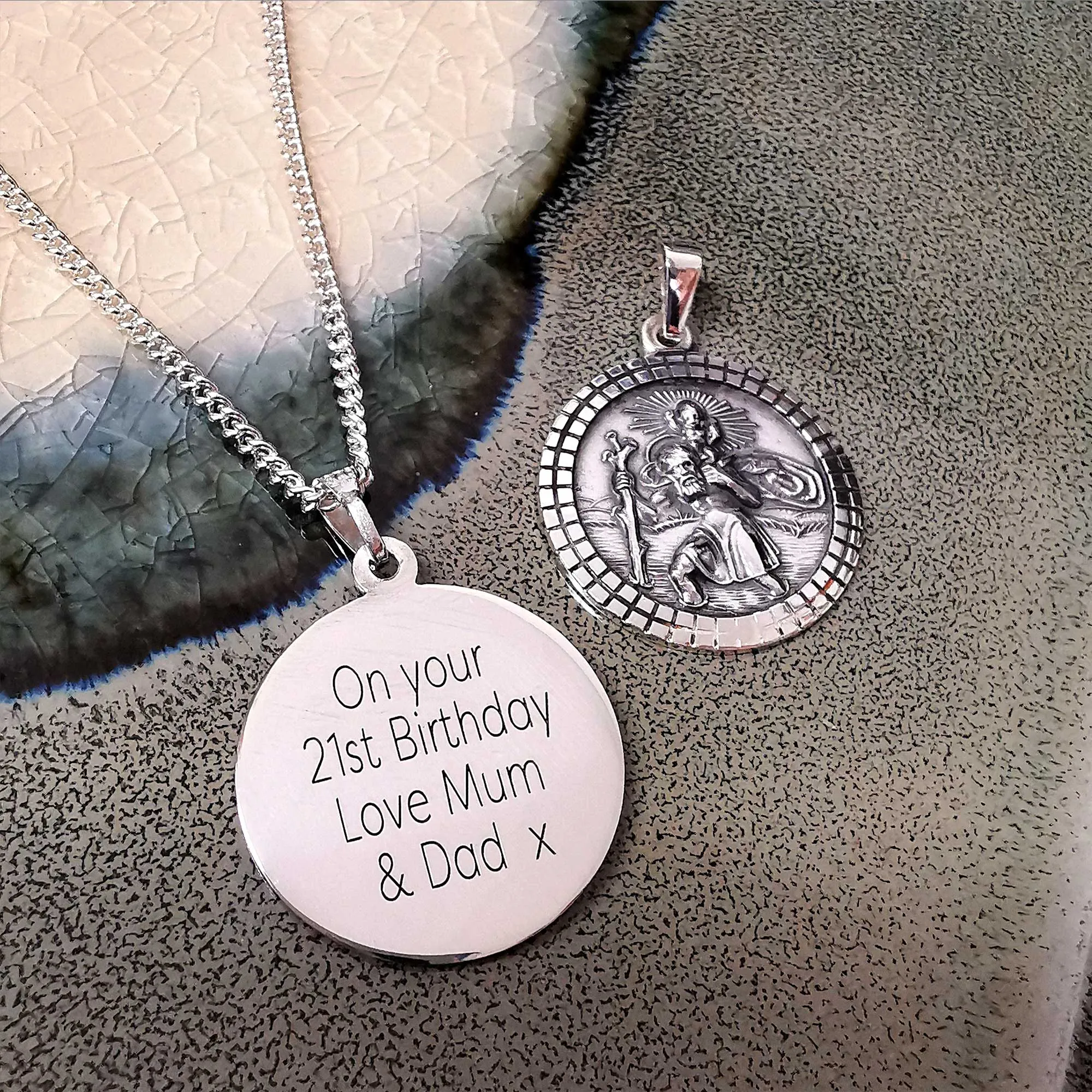 St Christopher Mosaic Border Personalised Silver Necklace (Cast Sterling Silver)