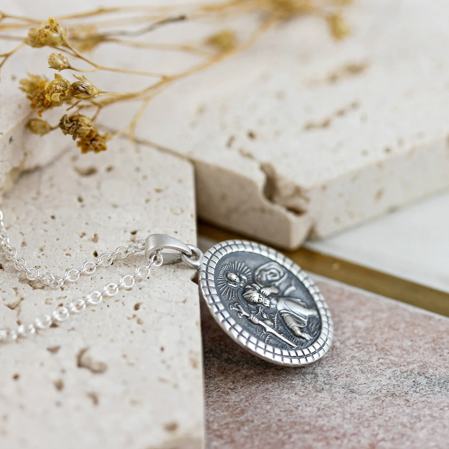 St Christopher Mosaic Border Personalised Silver Necklace (Cast Sterling Silver)