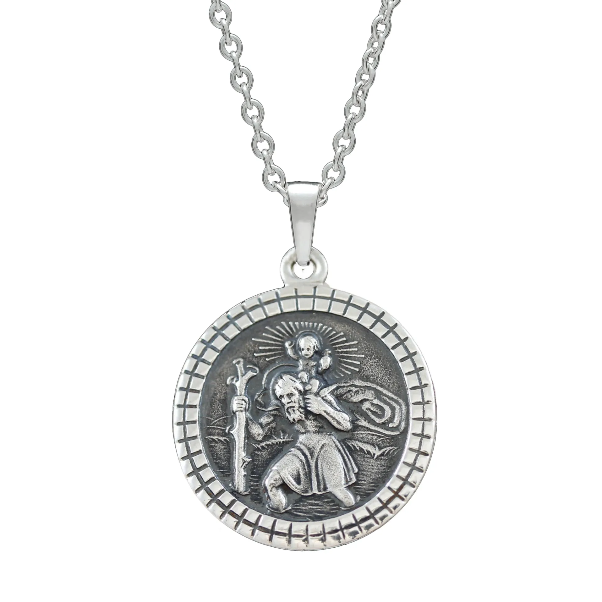 St Christopher Mosaic Border Personalised Silver Necklace (Cast Sterling Silver)