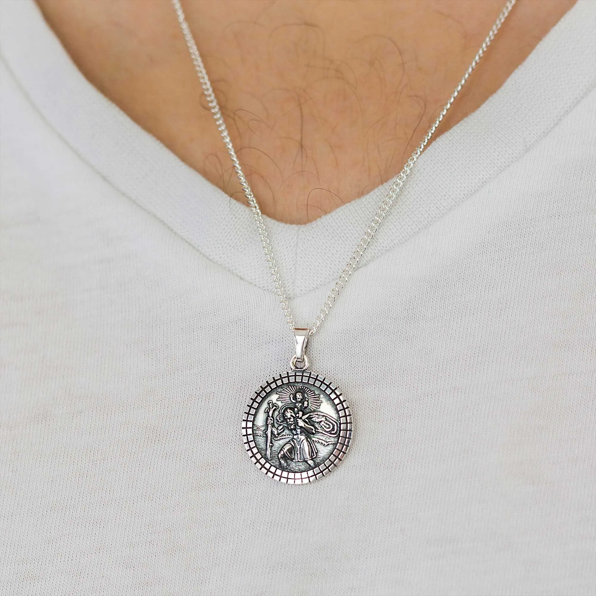 St Christopher Mosaic Border Personalised Silver Necklace