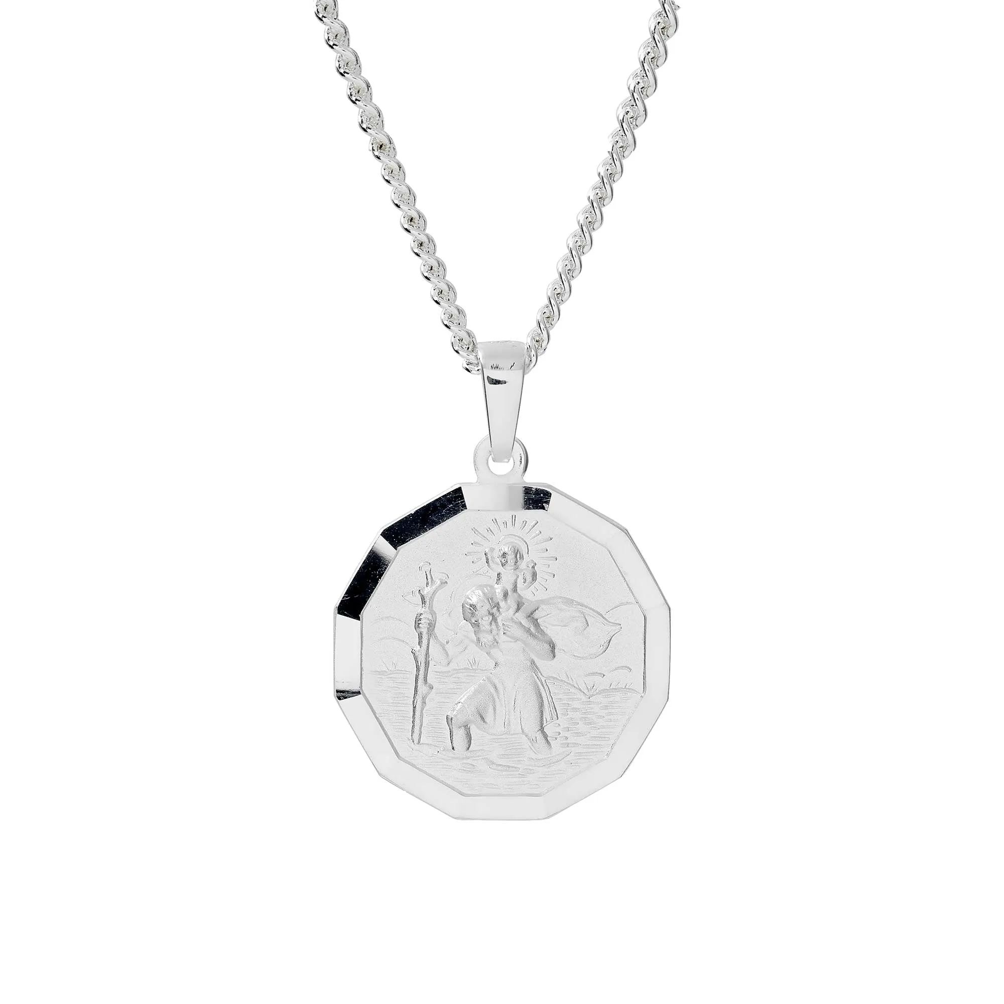 St Christopher Small Dodecagon Personalised Silver Necklace