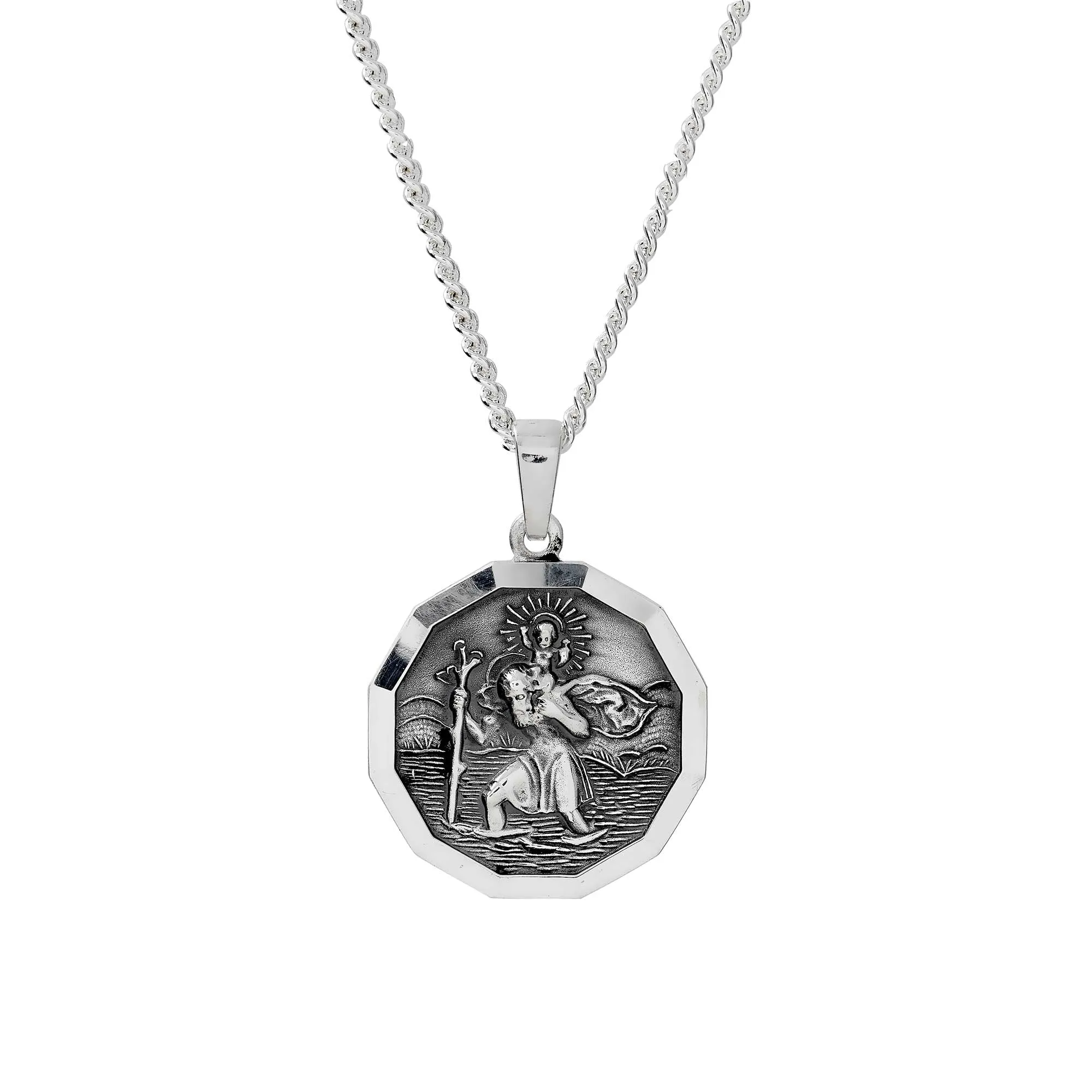 St Christopher Small Dodecagon Personalised Silver Necklace