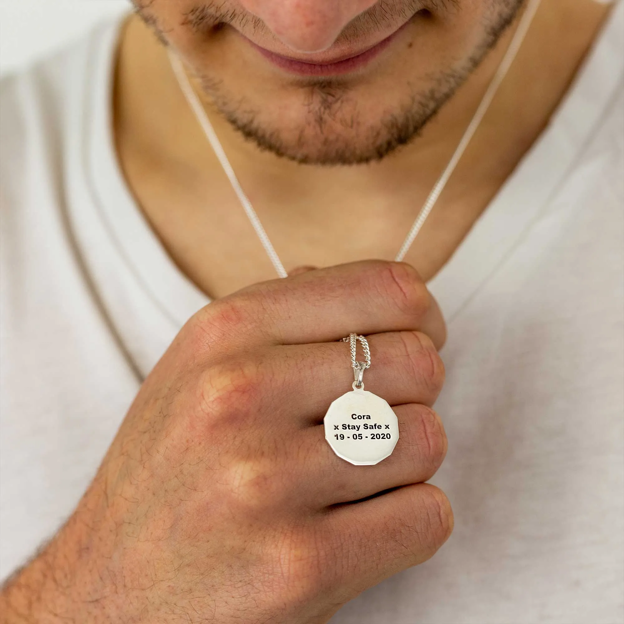 St Christopher Small Dodecagon Personalised Silver Necklace