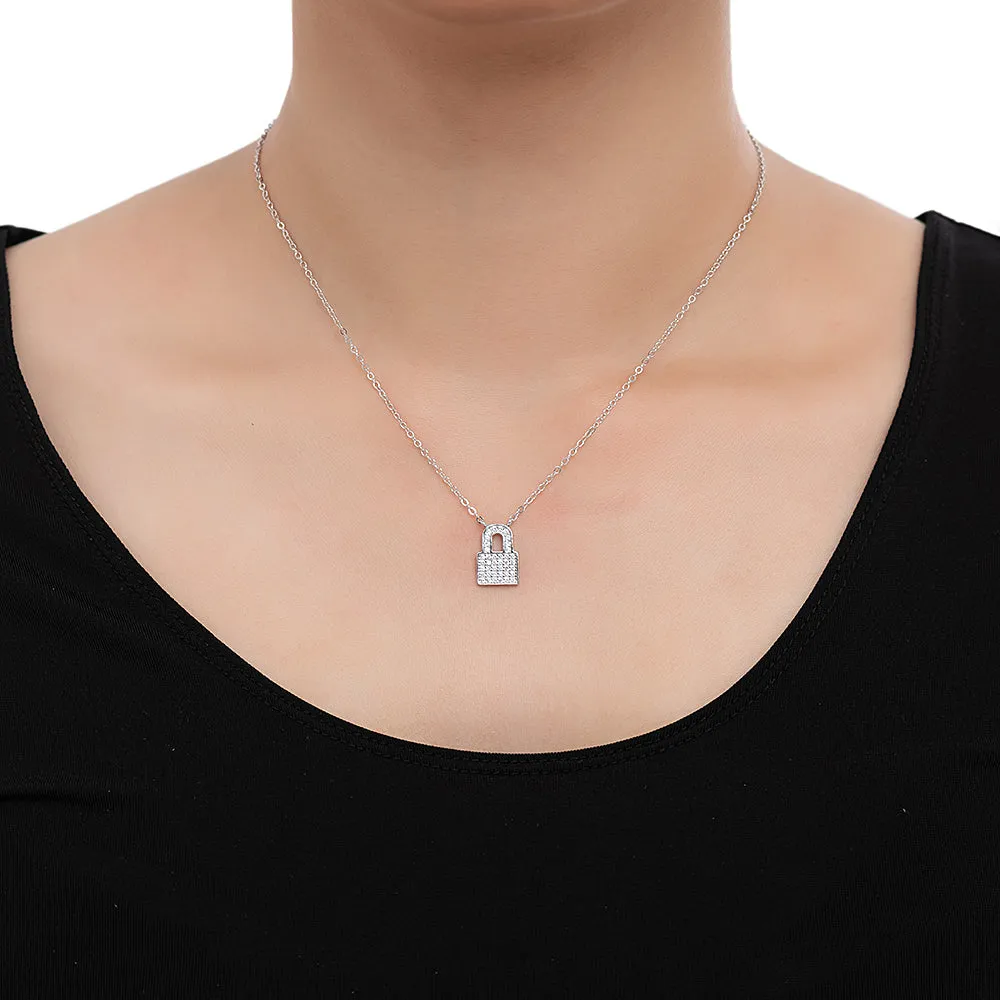 Sterling Silver CZ Lock Necklace