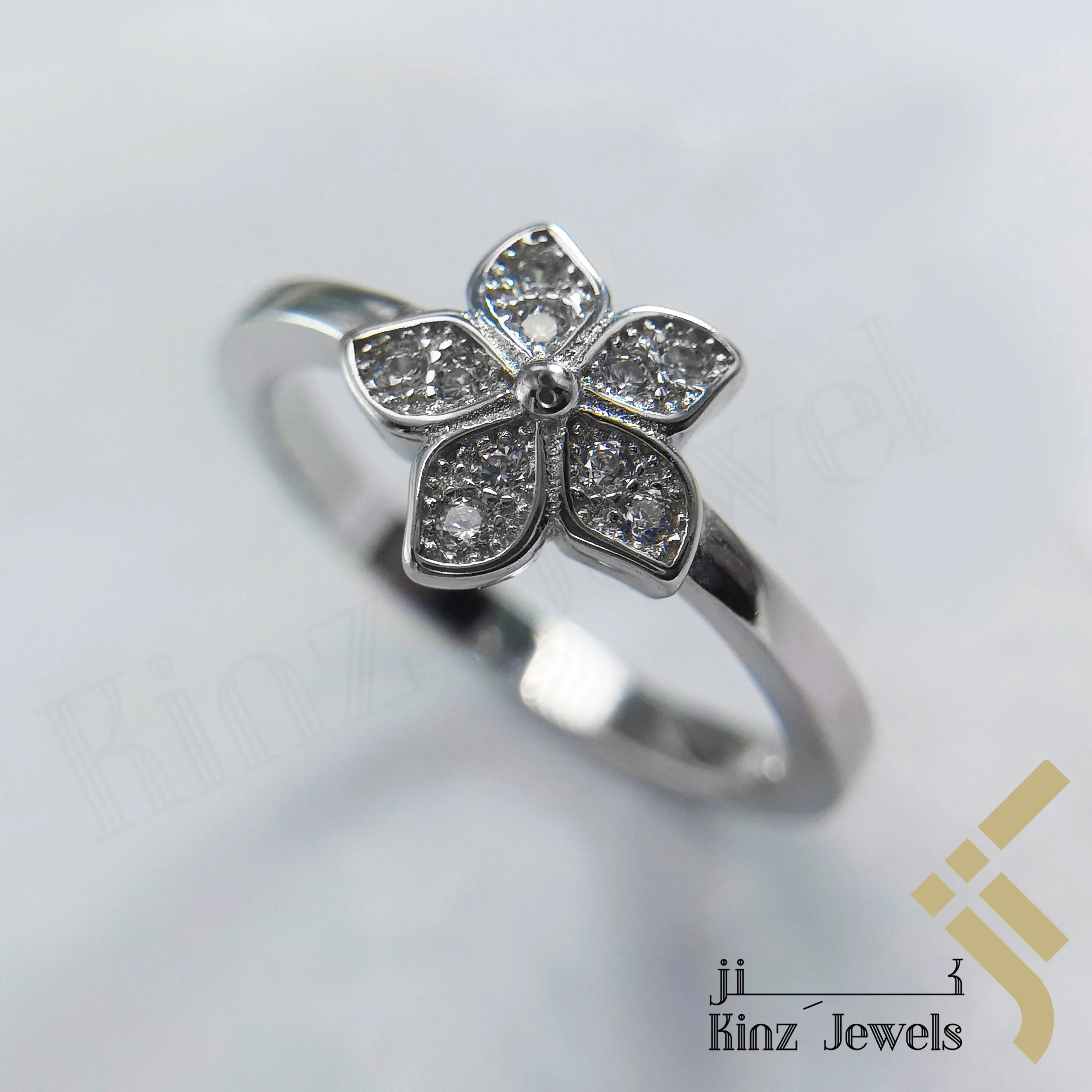 Sterling Silver Rhodium Vermeil Simple Flower With Zircon Ring