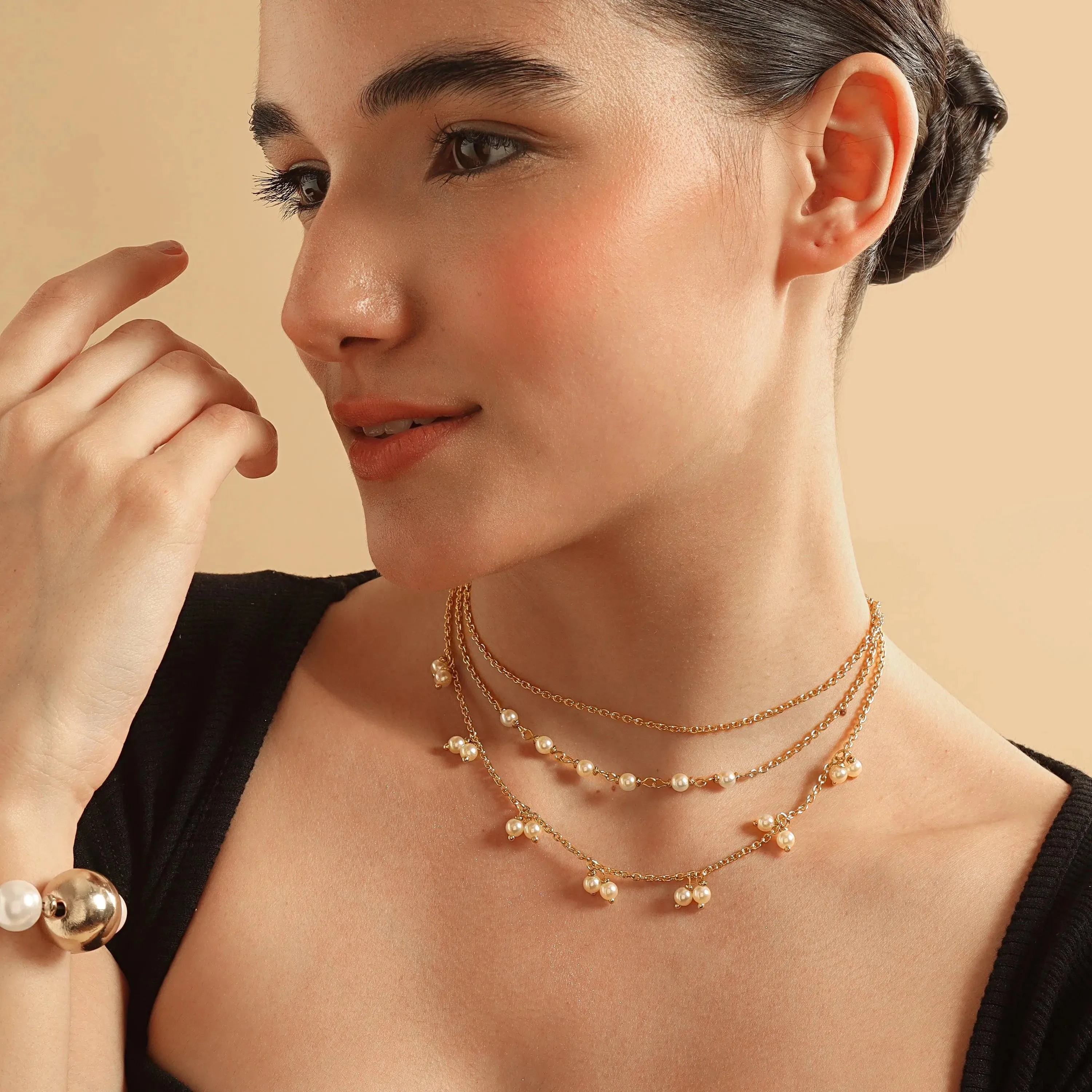 TFC Elated Pearls Gold Plated Layered Necklace