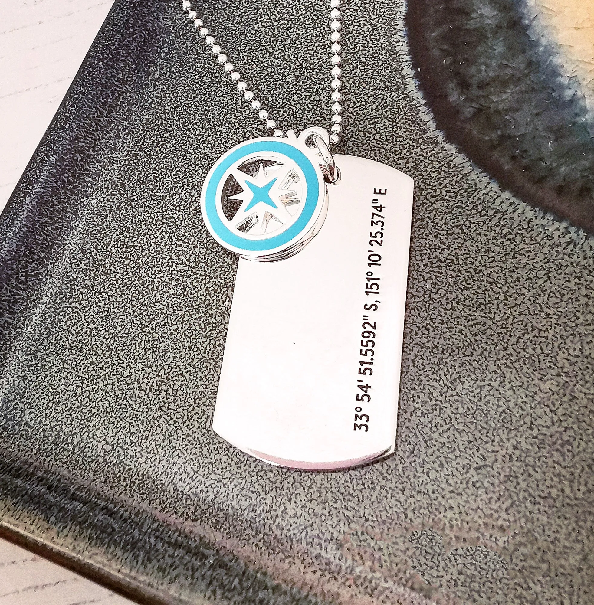 X-L Recycled Silver Dog Tag  Necklace With Enamel Compass